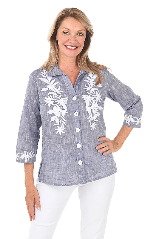 Embroidered Chambray Button-Front Shirt