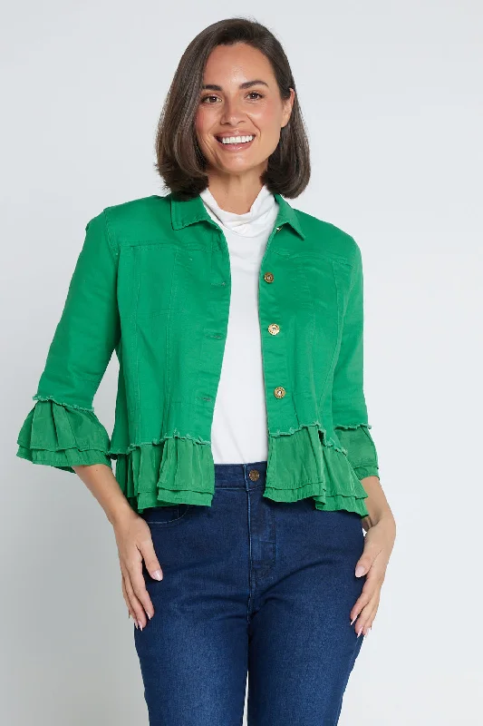 Leelah Cropped Ruffle Denim Jacket - Green