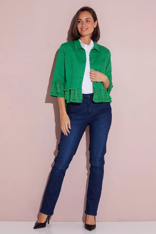 Leelah Cropped Ruffle Denim Jacket - Green