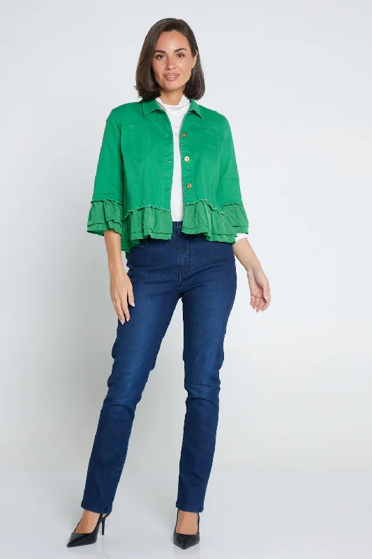 Leelah Cropped Ruffle Denim Jacket - Green