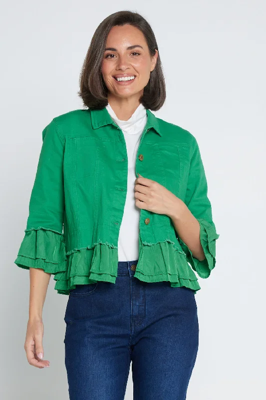 Leelah Cropped Ruffle Denim Jacket - Green