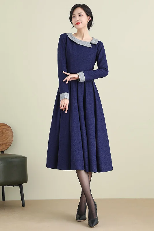 Navy Blue Midi Wool Dress 3894