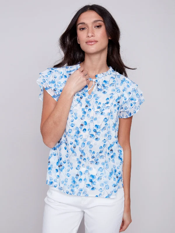 Printed Ruffle Sleeve Chiffon Blouse - Riviera