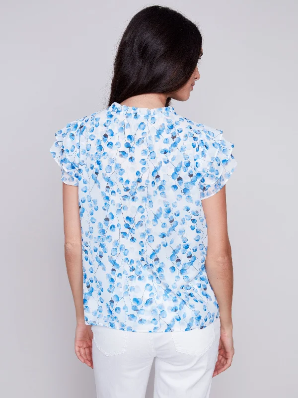 Printed Ruffle Sleeve Chiffon Blouse - Riviera