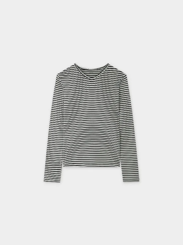 Thin Stripe High V Tee-Cream/Olive