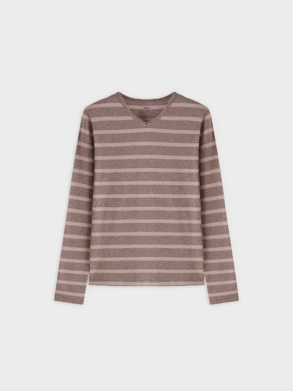 Thin Stripe High V Tee-Heathered Tan/Pink