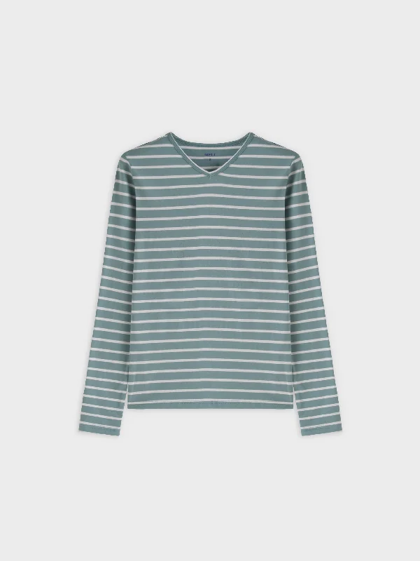 Thin Stripe High V Tee-Pistachio/White