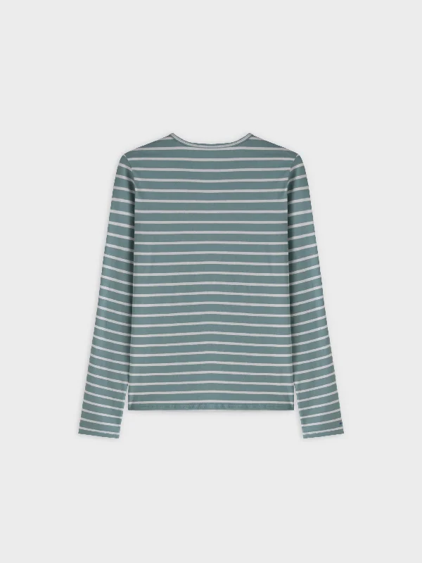 Thin Stripe High V Tee-Pistachio/White