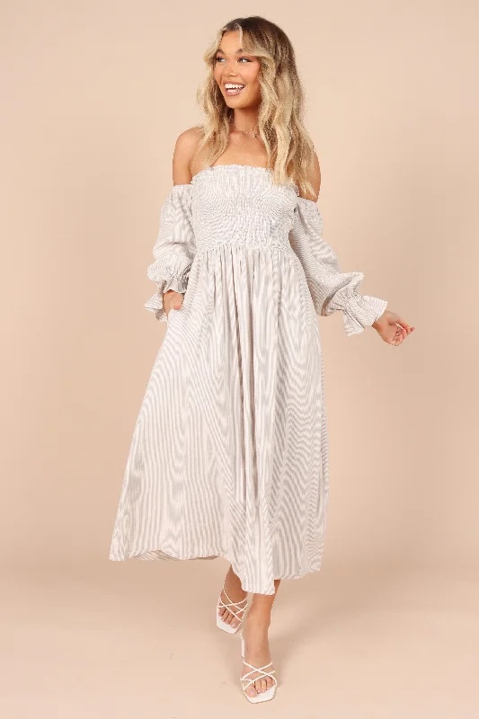 Domenica Shirred Long Sleeve Midi Dress - Beige Stripe