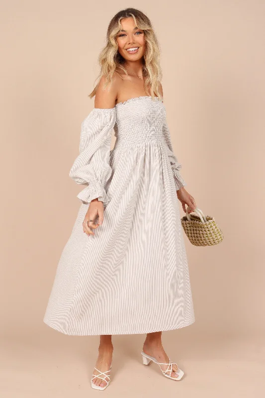 Domenica Shirred Long Sleeve Midi Dress - Beige Stripe