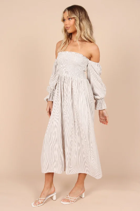 Domenica Shirred Long Sleeve Midi Dress - Beige Stripe