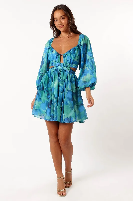 Katniss Long Sleeve Mini Dress - Blue Floral