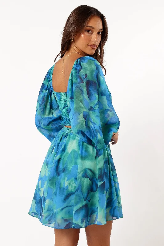 Katniss Long Sleeve Mini Dress - Blue Floral