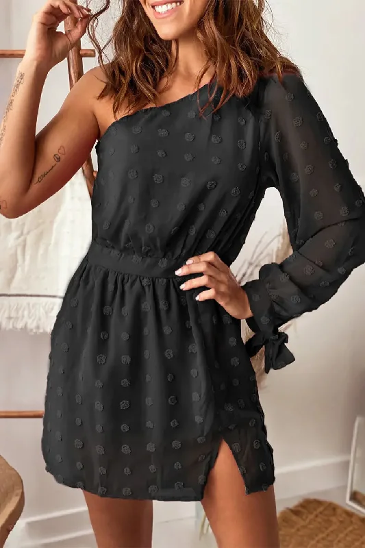 One Shoulder Cute Swiss Dot Short Mini Dress