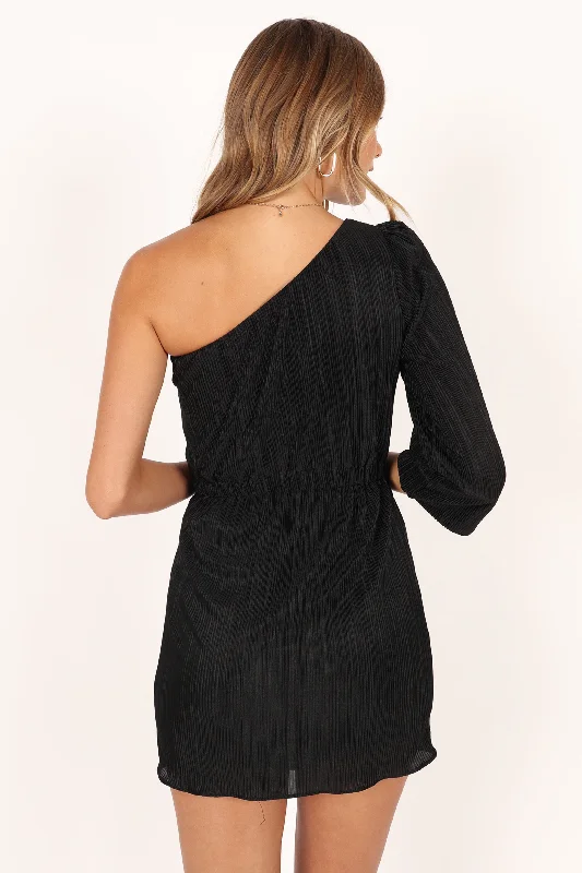 Pontee One Shoulder Pleated Mini Dress - Black