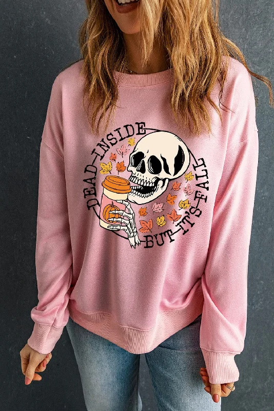 Skull Dead Inside Fall Graphic Dropped Shoulder Sweatshirt