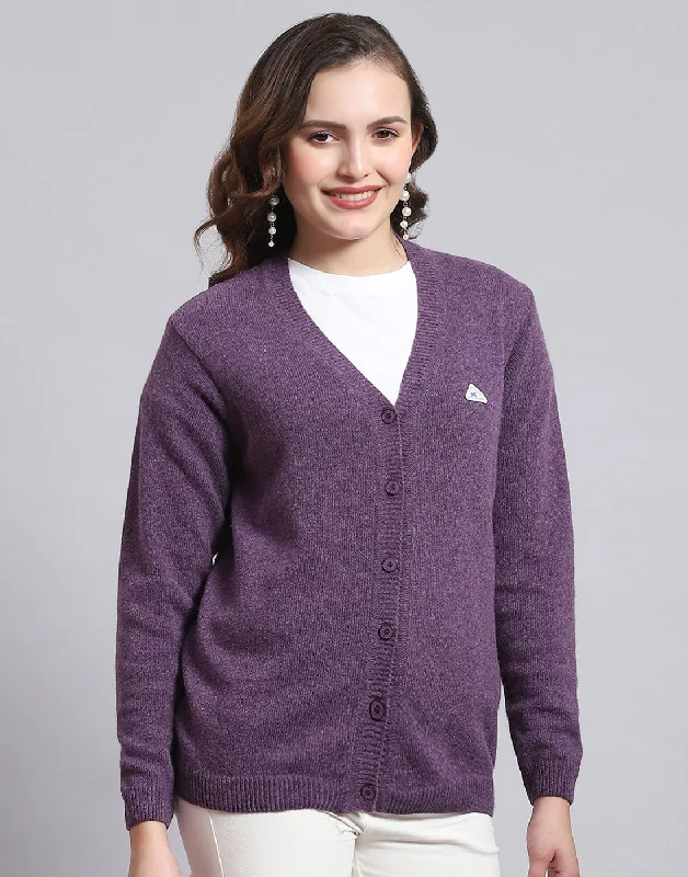 Women Purple Solid V Neck Full Sleeve Sweater