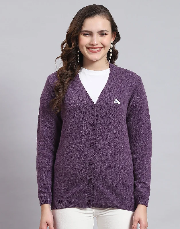 Women Purple Solid V Neck Full Sleeve Sweater