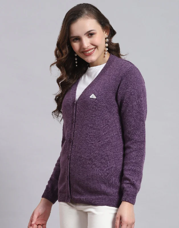 Women Purple Solid V Neck Full Sleeve Sweater