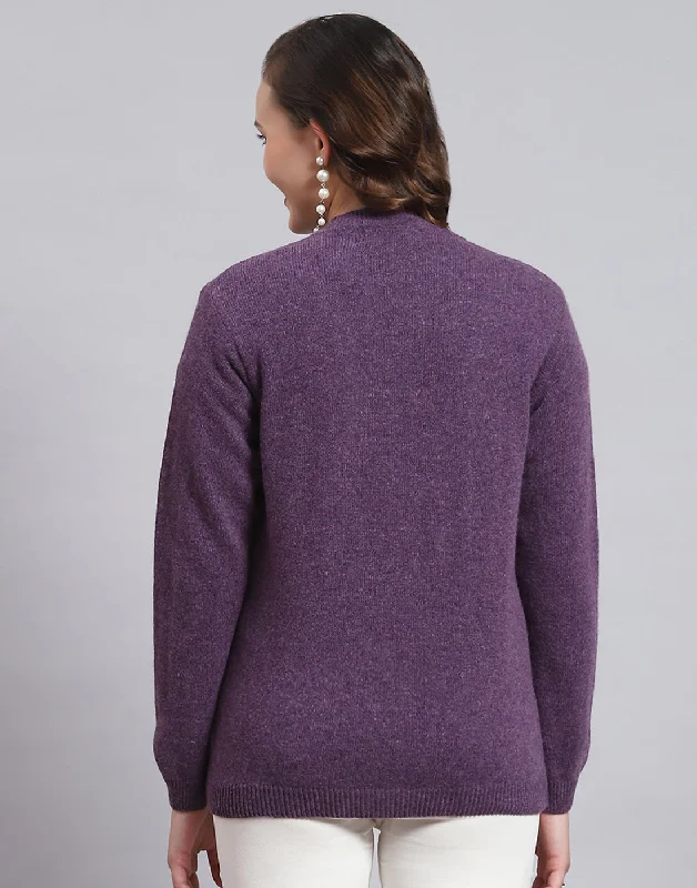 Women Purple Solid V Neck Full Sleeve Sweater