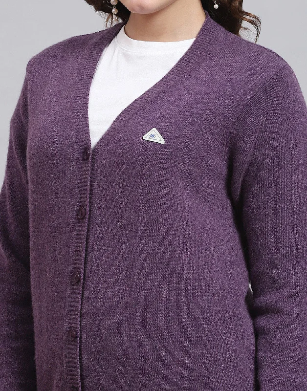 Women Purple Solid V Neck Full Sleeve Sweater