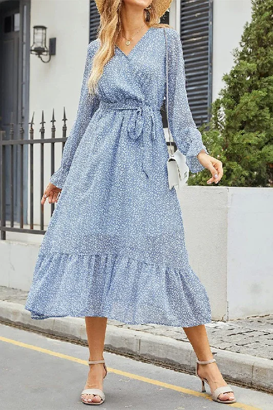 Women’s Midi Dress V Neck Long Sleeve Lined Chiffon Dress With Elastic Waist