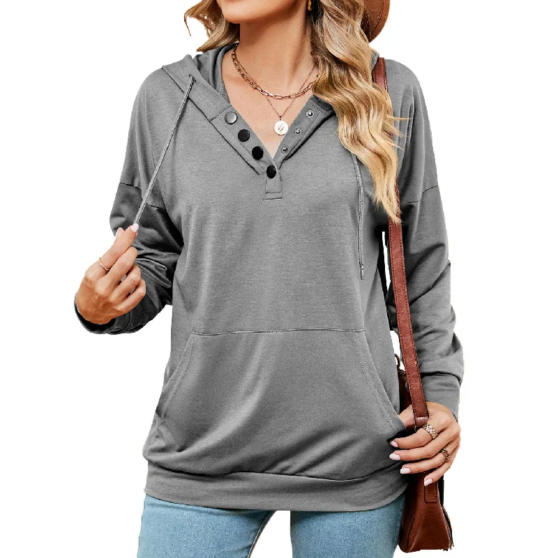 Women's Solid Color Buttons Drawstring Pocket Loose Sweaters