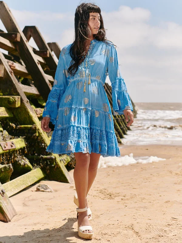 3/4 Sleeve Crochet Trim Holiday Midi Dress, Blue Abstract