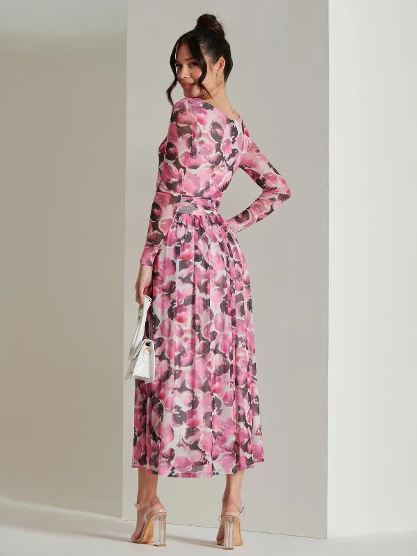 Abstract Print Mesh Long Sleeve Maxi Dress, Pink Multi