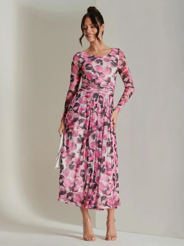 Abstract Print Mesh Long Sleeve Maxi Dress, Pink Multi