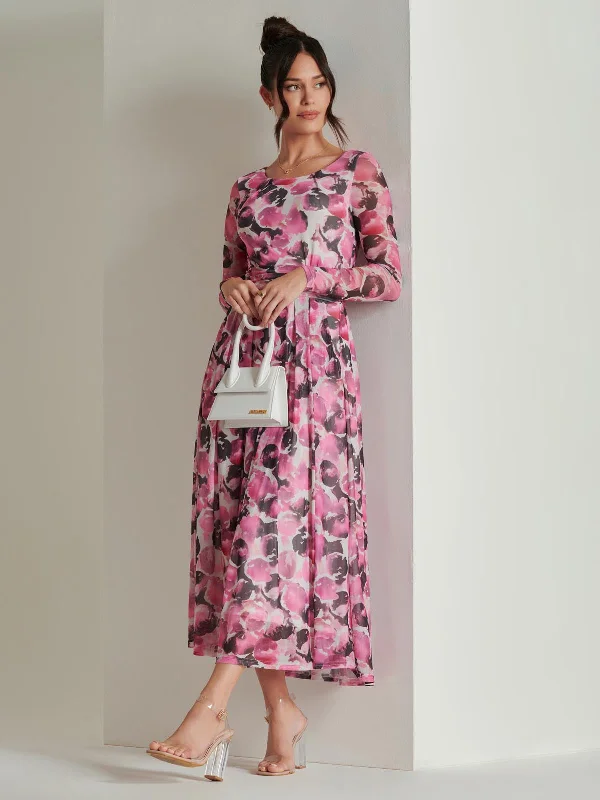 Abstract Print Mesh Long Sleeve Maxi Dress, Pink Multi