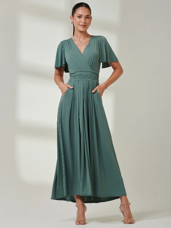 Angel Sleeve Super-Smooth Jersey Maxi Dress, Pleat Green