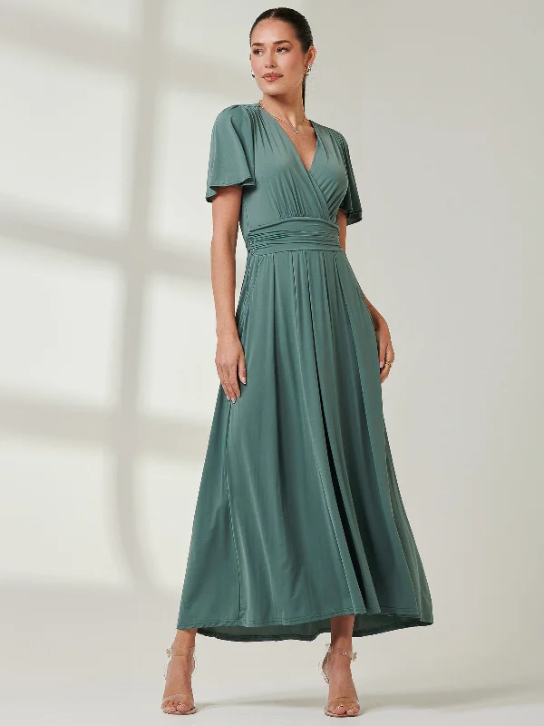 Angel Sleeve Super-Smooth Jersey Maxi Dress, Pleat Green