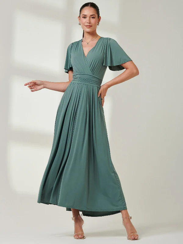 Angel Sleeve Super-Smooth Jersey Maxi Dress, Pleat Green