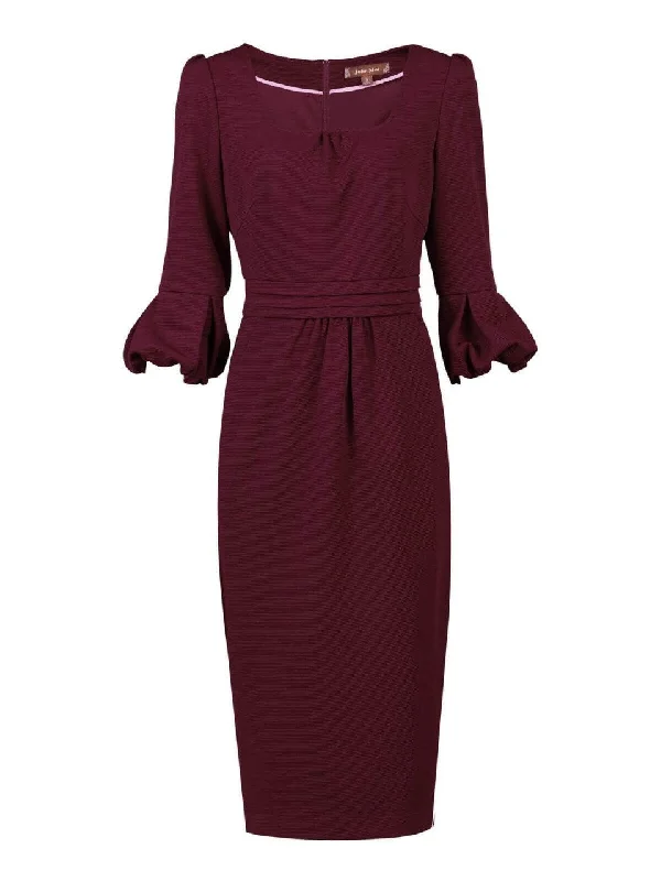 Bell Sleeve Boat Neck Pencil Dress, Burgundy