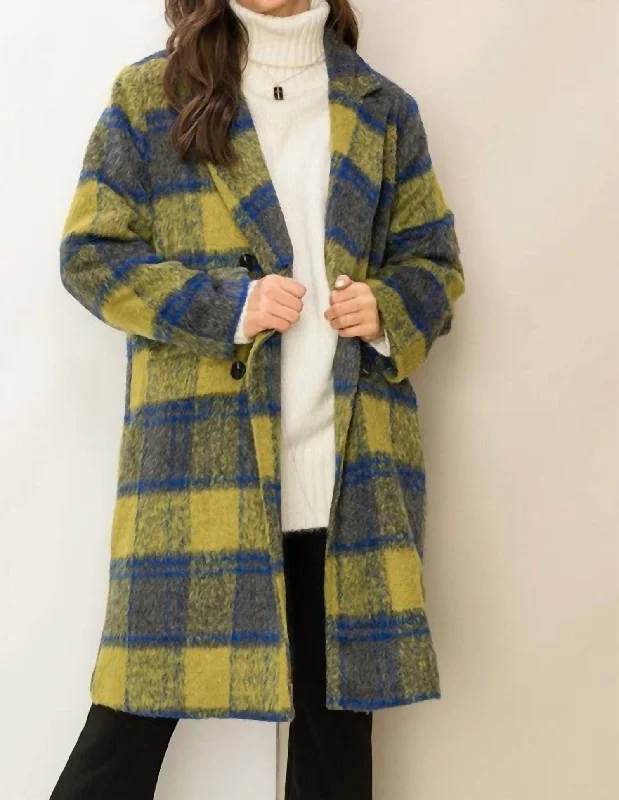 Blue Plaid Coat In Yellow Plaid