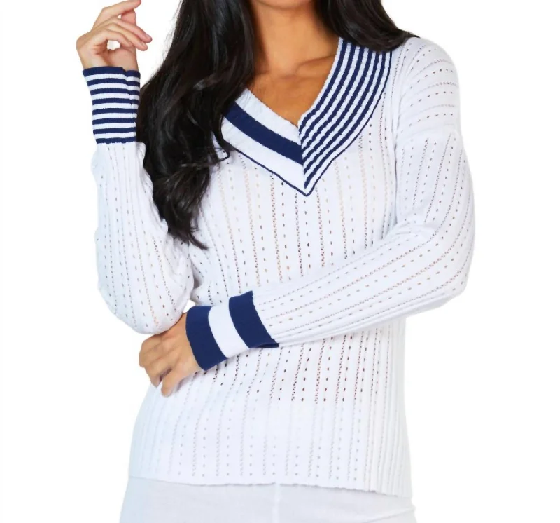 Braided V-Neck Sweater In White/navy