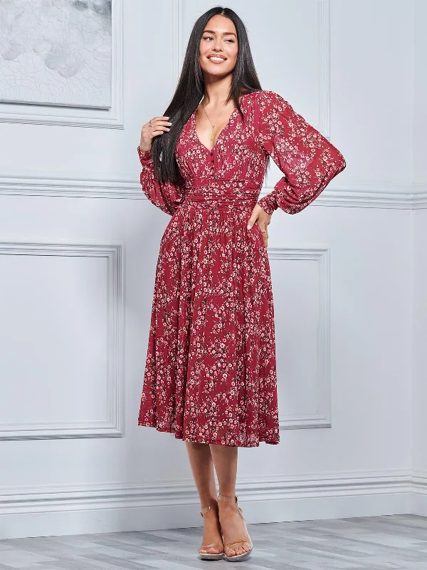 Jolie Moi Gianna Long Sleeve Mesh Midi Dress, Wine Floral