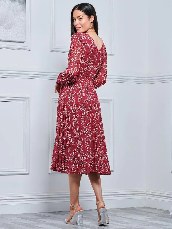 Jolie Moi Gianna Long Sleeve Mesh Midi Dress, Wine Floral