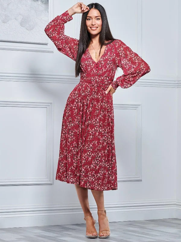 Jolie Moi Gianna Long Sleeve Mesh Midi Dress, Wine Floral