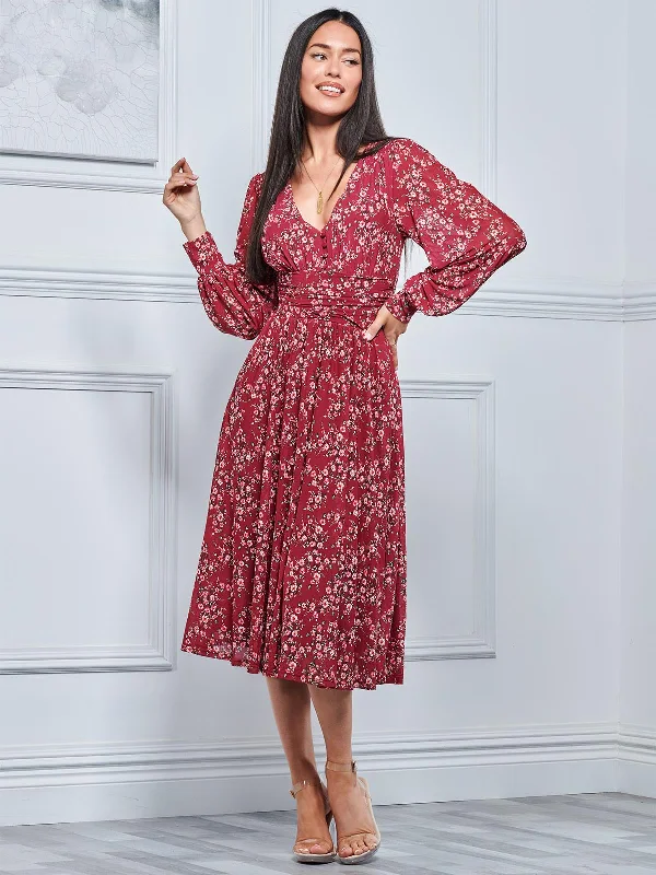 Jolie Moi Gianna Long Sleeve Mesh Midi Dress, Wine Floral