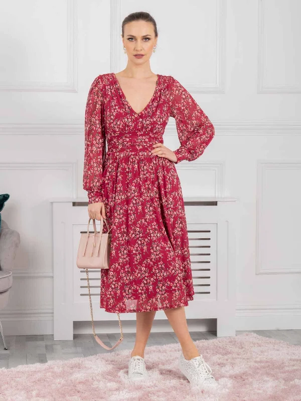 Jolie Moi Gianna Long Sleeve Mesh Midi Dress, Wine Floral