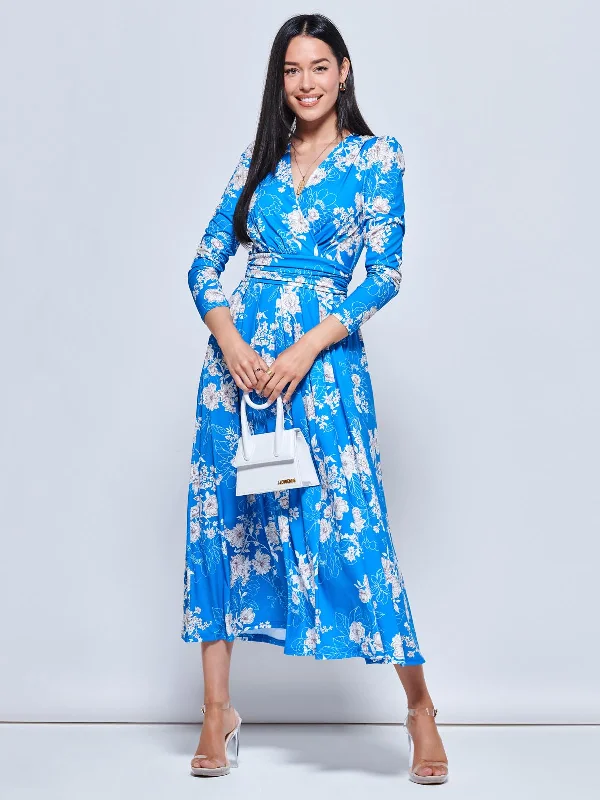 Devorah Printed Jersey Long Sleeve Maxi, Blue Floral