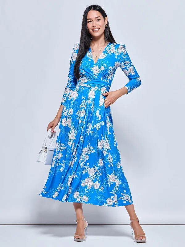 Devorah Printed Jersey Long Sleeve Maxi, Blue Floral