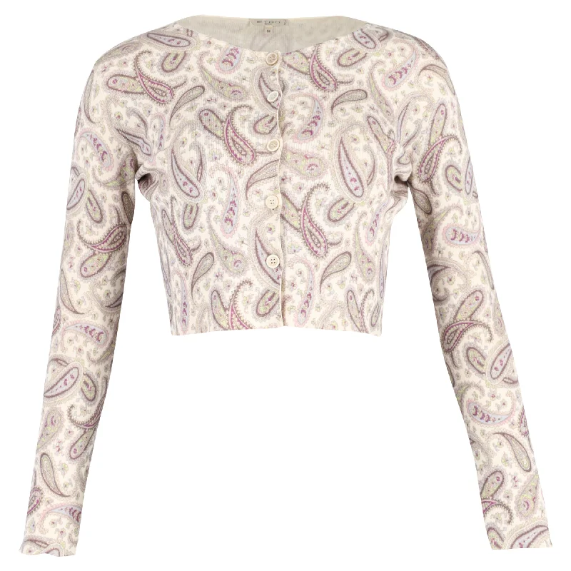 Etro Cropped Paisley Cardigan in Beige Wool