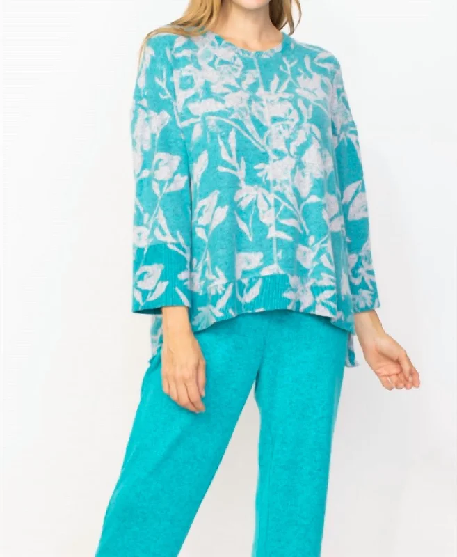 Floral 3/4 Sleeve Boxy Crew Top In Lake