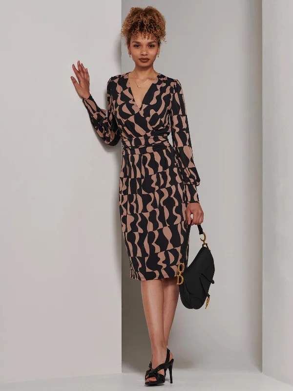 Gwen Print Long Sleeve Pegged Dress, Brown Pattern