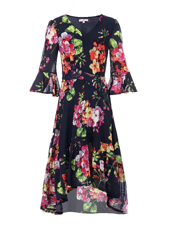 Jolie Moi Dipped Hem Mesh Midi Dress, Navy Floral