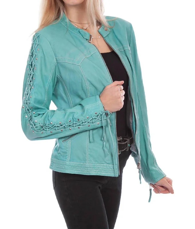 Leather Laced Sleeve Jacket In Turquoise