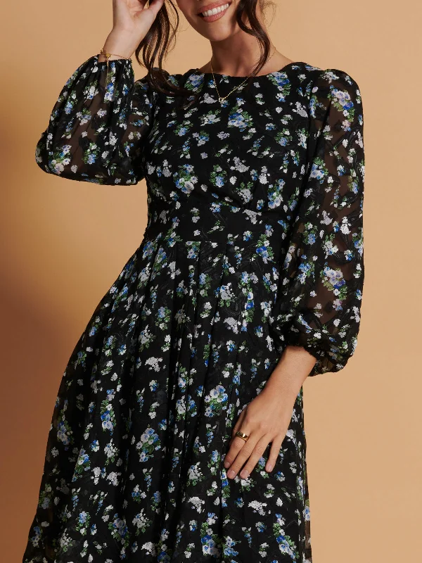 Long Sleeve Chiffon Midi Dress, Black Floral